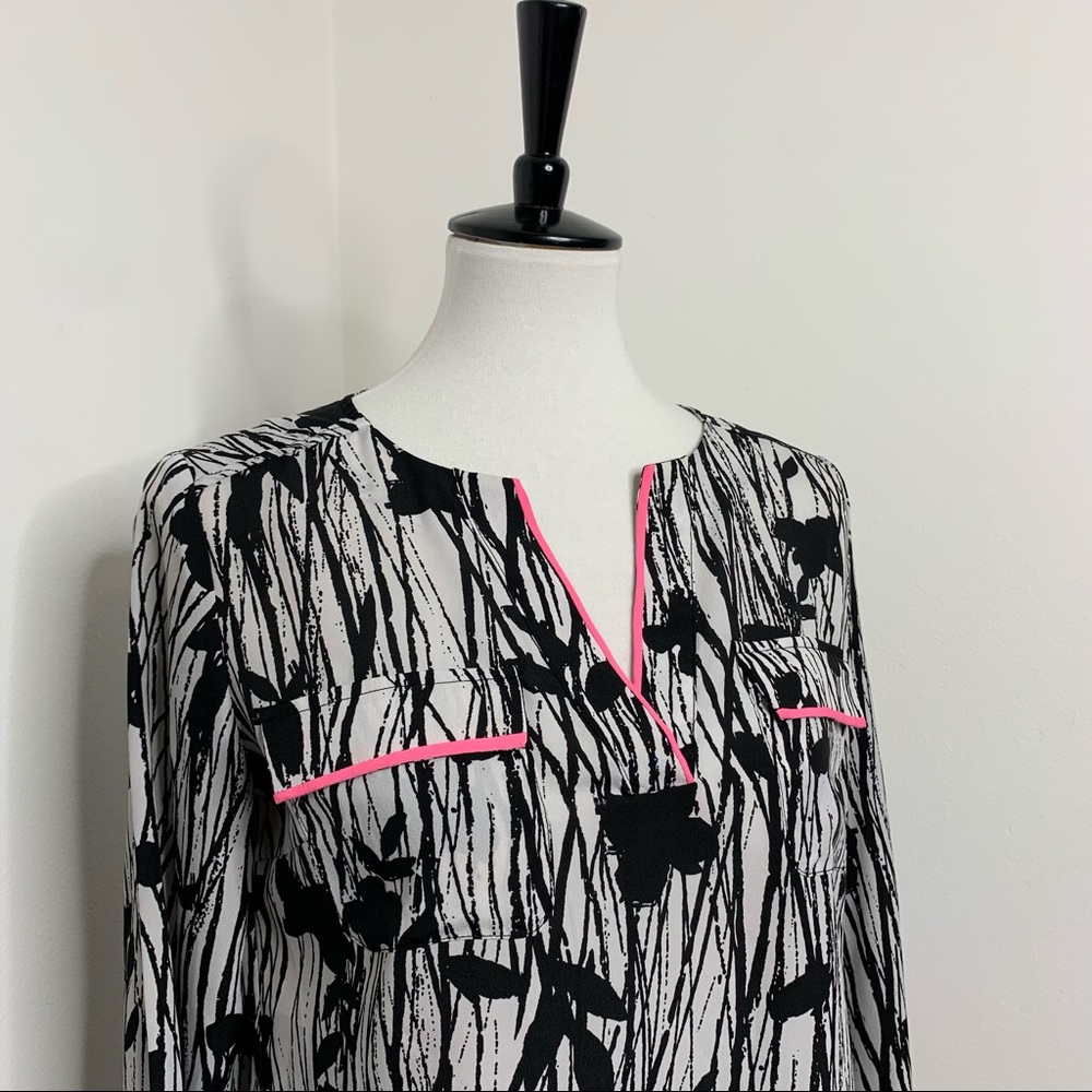 New York & Company | Black & White Floral Blouse with Pink Piping